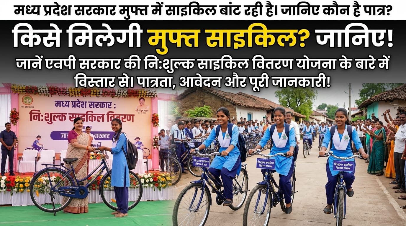 मध्य प्रदेश के सरकारी स्कूल के छात्र मुफ्त साइकिल योजना का लाभ लेते हुए।
